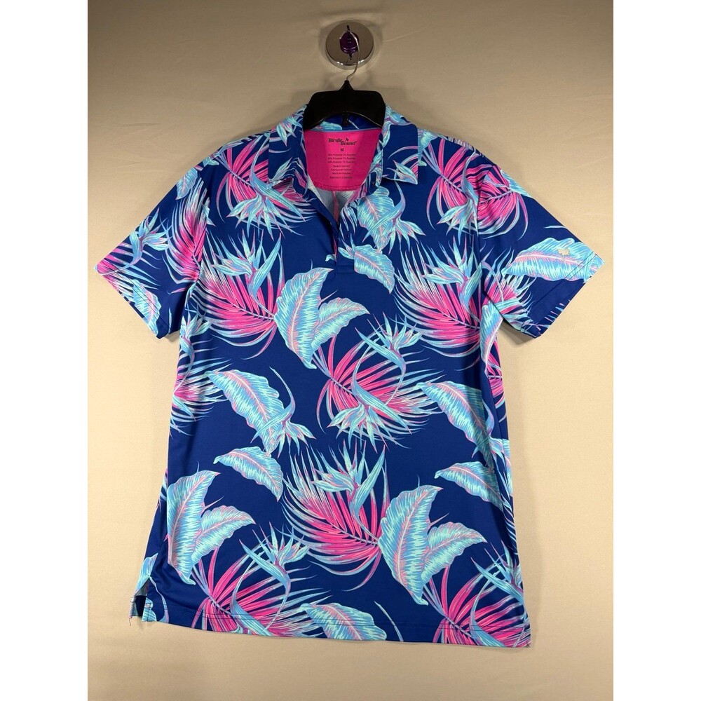 Birdie Bound Men's Tropical Print Golf Polo Shirt  Pink Blue Pattern Size Medium
